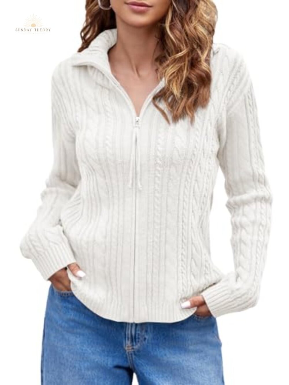 Cable Knit Zip Up Cardigan Collared Long Sleeve Loose Fit Vintage Sweater